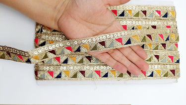 Gold Sequin Border With Multicoloured Triangle Embroidery, Beige Shimmer Lace Trim, Decorative Trim
